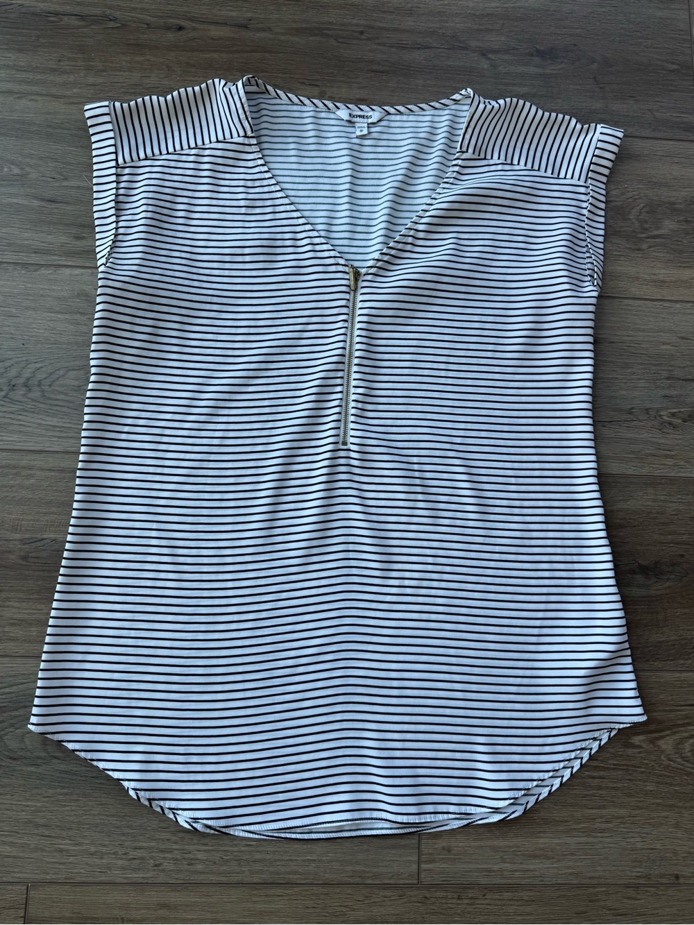 women’s Express black and white strip top with gold-colored zipper - M